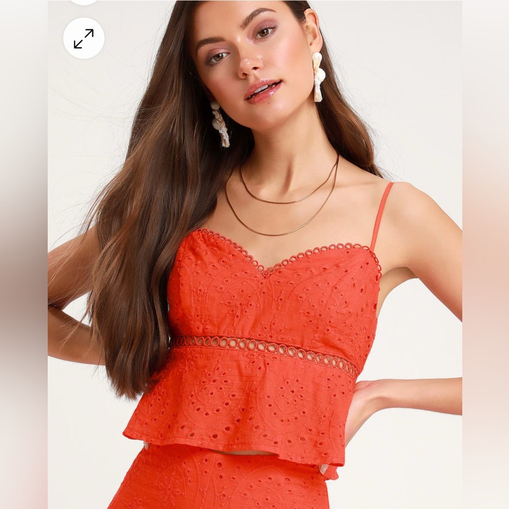 Lulus Coastline Coral Red Eyelet Peplum Crop Top